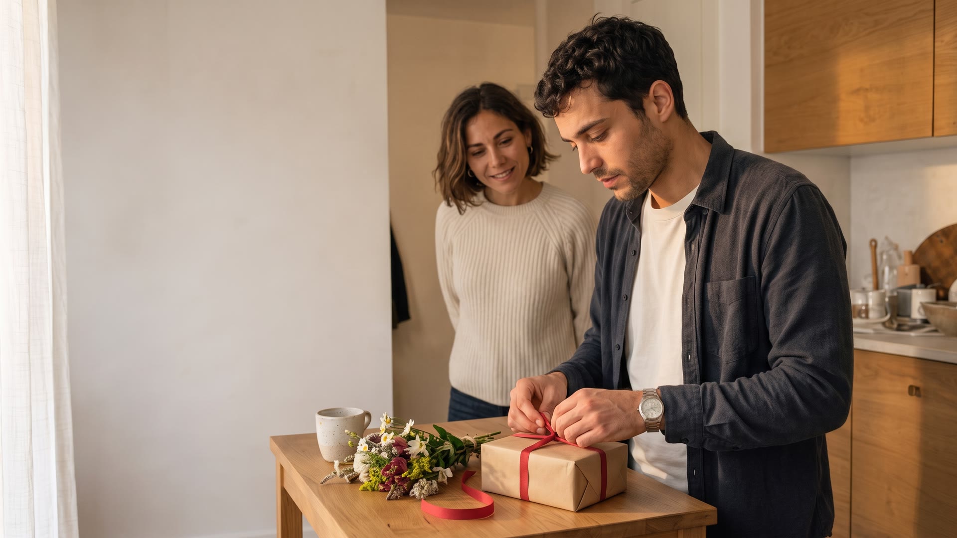 A man tying a red ribbon around a modest gift as his partner notices the surprise