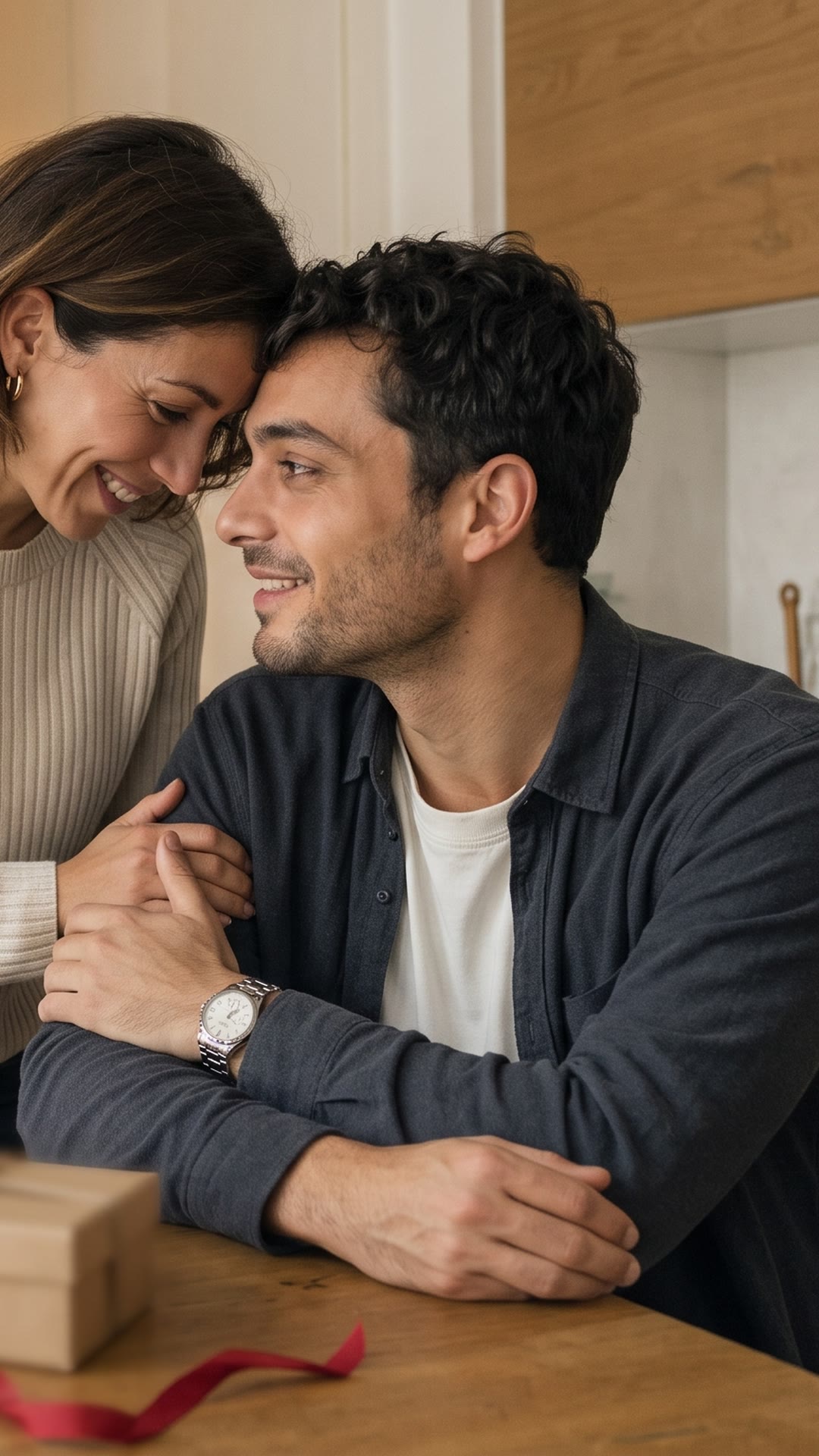A couple sharing a quiet, warm moment after a thoughtful surprise